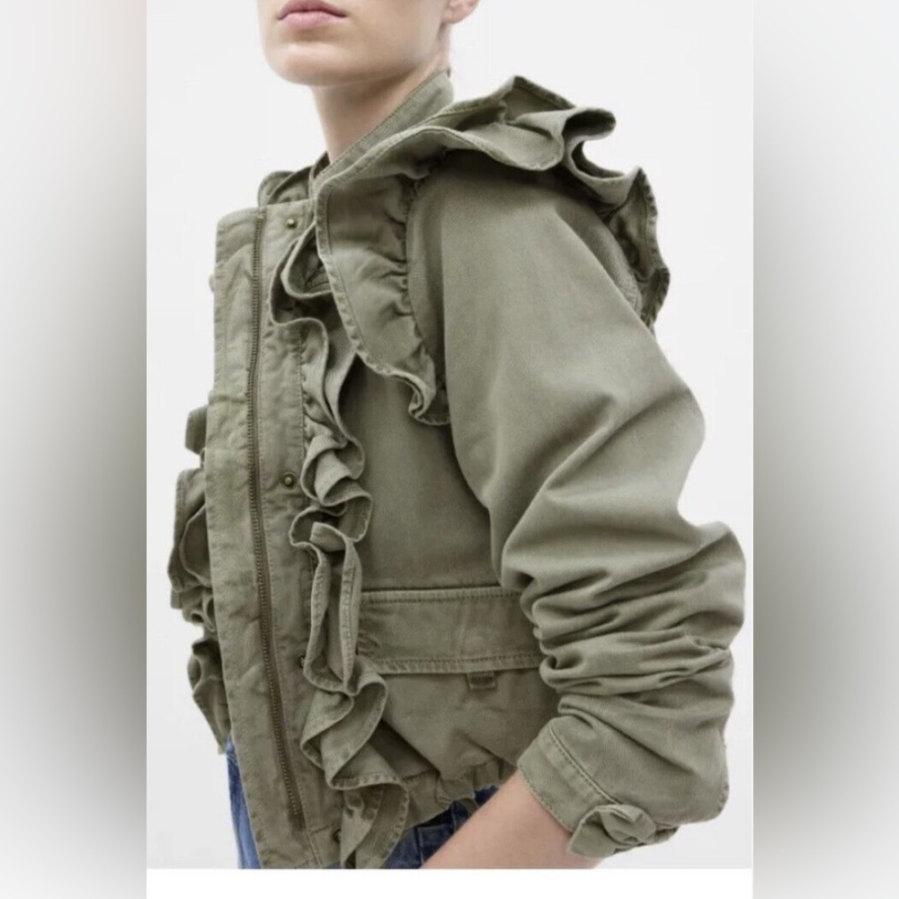 NWT Gap x LoveShackFancy Ruffle Crop Utility Jacket Olive Green Size Medium - Picture 2 of 9